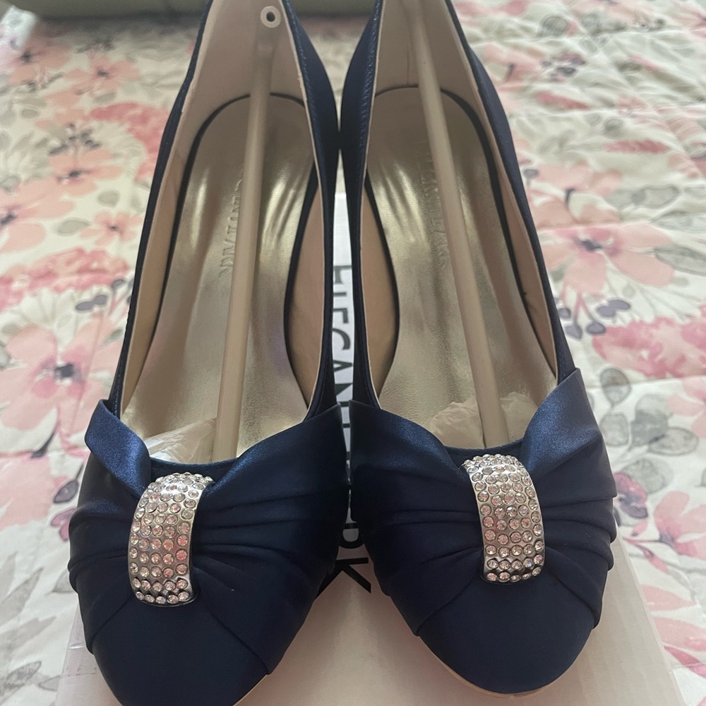Chic Navy Satin Heels with Rhinestone Accent